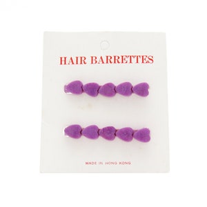 1980&#39;s vintage hair clip pair, 2.1&quot; PURPLE plastic little HEARTS barrettes, new-old-stock, stay tight metal clasp