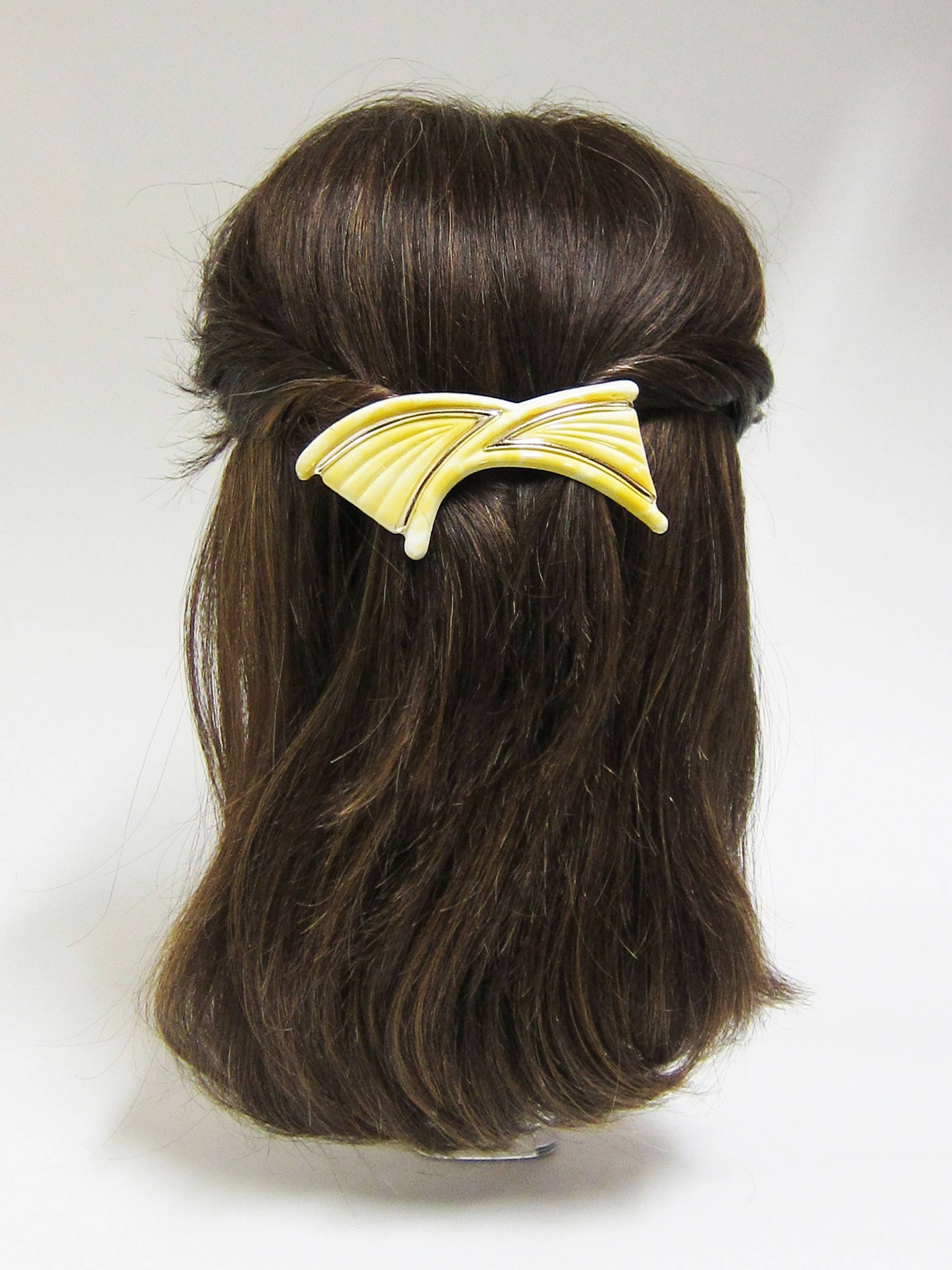 Vintage 80s Gold Tone Woven Mesh Bow Hair Barrette Made in France Large 5in Clip 1980 main image 3