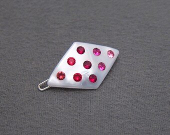 SMALL 1970&#39;s vintage hair clip, 1.6&quot; PEARLESCENT white plastic diamond barrette w/ Pink & Red rhinestones, made in FRANCE, new-old-stock