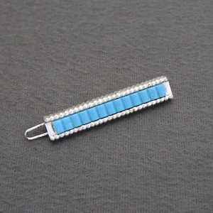 1950&#39;s vintage barrette hair clip, 1.9&quot; ribbed silver tone plastic skinny barrette w/ blue inset, wire clasp