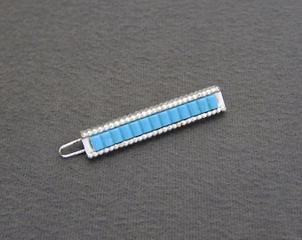 1950's vintage barrette hair clip, 1.9" ribbed silver tone plastic skinny barrette w/ blue inset, wire clasp