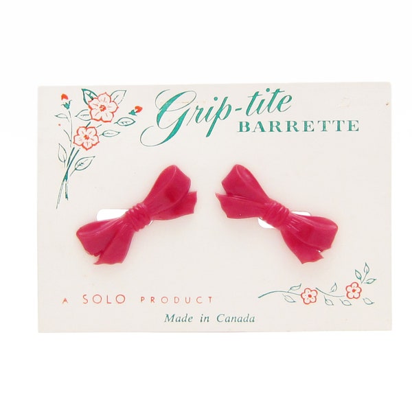 TINY 1950's SOLO vintage girls hair clip pair, 1.3" shiny red plastic BOW barrettes, new-old-stock, wire clasp, 18" doll accessories