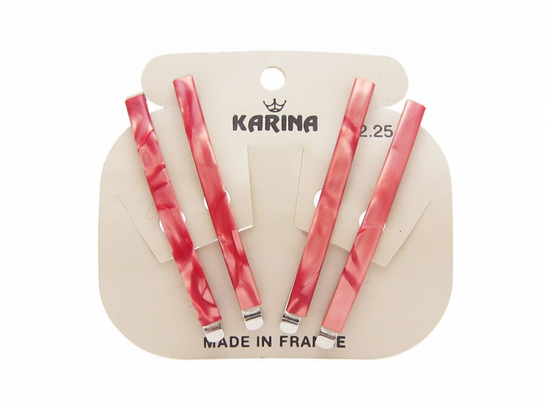 KARINA 1980's vintage bobby pins, 2.3 pearlescent SALMON hair pins, set of 4, new-old-stock, made in FRANCE image 1
