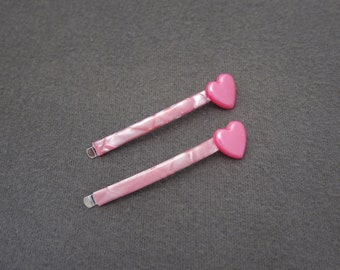 1980's vintage HEART bobby pin pair, 2.4" pearlescent PINK hair pins, right sided, new-old-stock, made in FRANCE