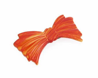 LARGE 1980's vintage barrette hair clip, 3.9" deep orange bow barrette, new-old-stock, automatic clasp