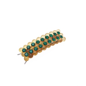 Hårspänne med strass från 1930-talet, 5 cm genomskinligt plastspänne i form av BUBBLOR med smaragdgröna kristaller, spänne med tråd