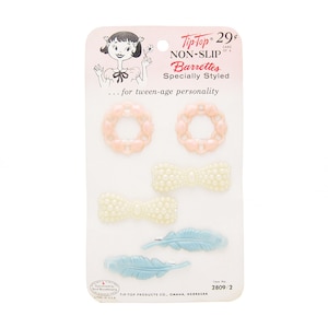 1950's TIP-TOP vintage hair clips, pink seashells/ivory bubble bows/blue feathers plastic BARRETTES, set of 6, new-old-stock, wire clasp