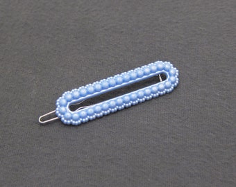 1950's vintage barrette hair clip, 2.4" pearly light blue plastic, elongated oval ring, faux bead design, wire clasp