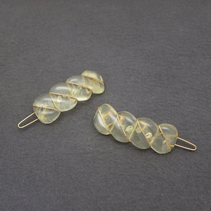 1980&#39;s vintage barrettes PAIR, 1.9&quot; translucent light yellow plastic WIRE WRAPPED chunky twists hair clips, new-old-stock, wire clasp
