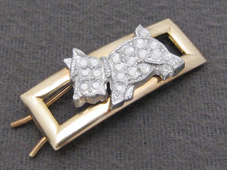 dog barrette wire clasp SMALL 1950/'s vintage hair clip 1.5 gold-tone brass barrette w silver Scottie dog accent
