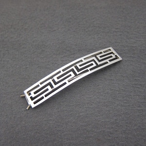 1960&#39;s STERLING SILVER vintage hair clip, 3&quot; cutout geometric barrette, ASIAN trellis design, pinch-wire clasp