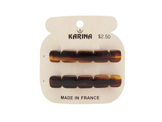 1980's KARINA vintage hair clip pair, 2.3" faux T… - image 1