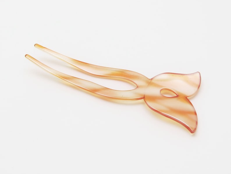 cutout tulip shape chignon pick made in France 80/'s vintage hair pick translucent orange plastic new-old-stock