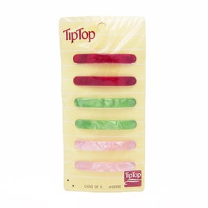 1970&#39;s TIP-TOP vintage barrettes, 2.4&quot; PEARLESCENT Red/Green/Pink plastic hair clips w/ wire clasp, set of 6, new-in-package