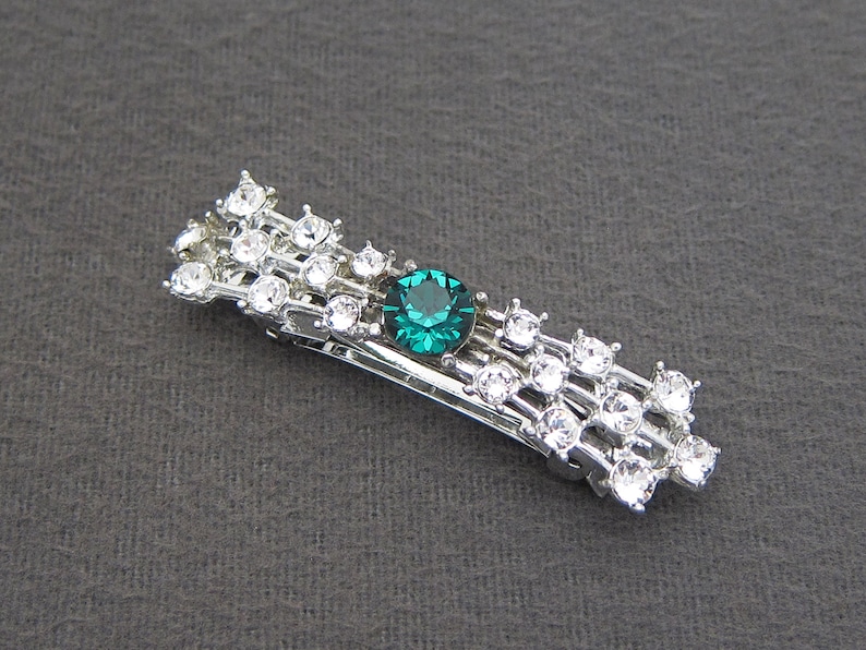 made in FRANCE automatic clasp 1960/'s vintage hair clip 2.3 silver-tone metal fancy BOW barrette w EMERALD green /& crystal rhinestones