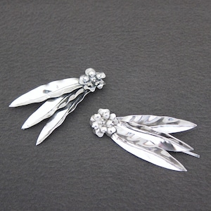 1940&#39;s vintage STERLING silver hair clips by LE GRO, 2.5&quot; shiny flower & leaves barrettes w/ C-clasp
