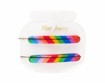 1970's vintage RAINBOW bobby pin PAIR, 2.3" translucent rainbow striped cellulose acetate hair pins, new-old-stock