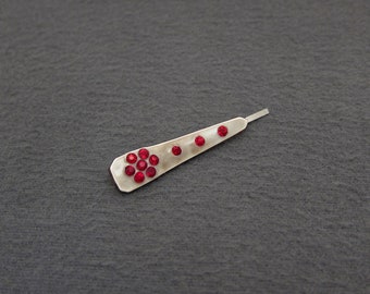 1920's vintage FANCY bobby pin, 2.1" taupe CELLULOID triangular hair pin w/ Siam red rhinestones, antique jewel hair clip