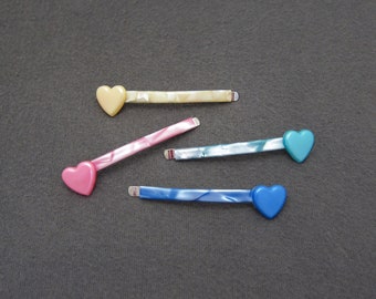 1980's vintage HEART bobby pins, 2.4" pearlescent PASTEL yellow/pink/green/blue hair pins, set of 4, new-old-stock, made in FRANCE