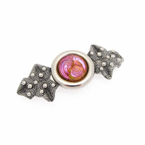 1980&#39;s BEAUTIFUL JOOLS vintage hair clip, 2.9&quot; pewter-tone metal textured LEAVES barrette w/ Pink/Orange swirl glass, pinch-wire clasp