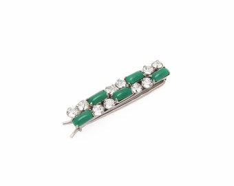 1960's KRAMER of NEW YORK vintage hair clip, 1.8" silver-tone checkerboard barrette w/ jade green & crystal rhinestones, pinch wire clasp