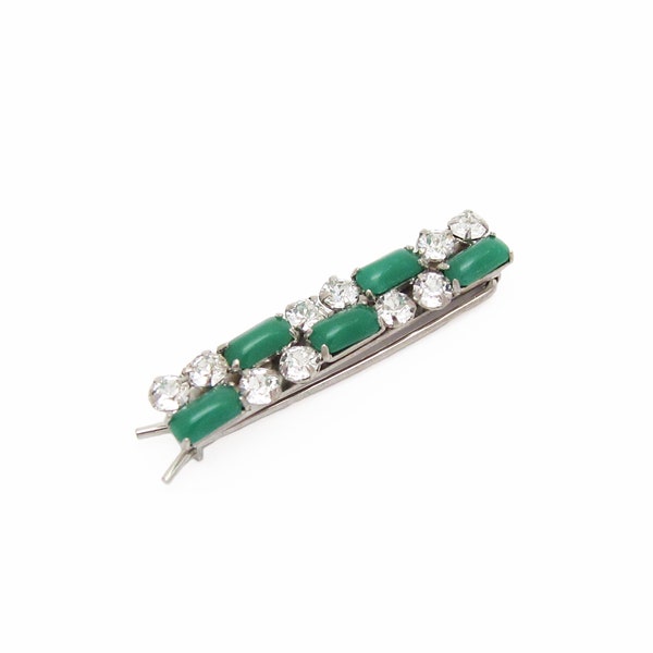 1960's KRAMER of NEW YORK vintage hair clip, 1.8" silver-tone checkerboard barrette w/ jade green & crystal rhinestones, pinch wire clasp