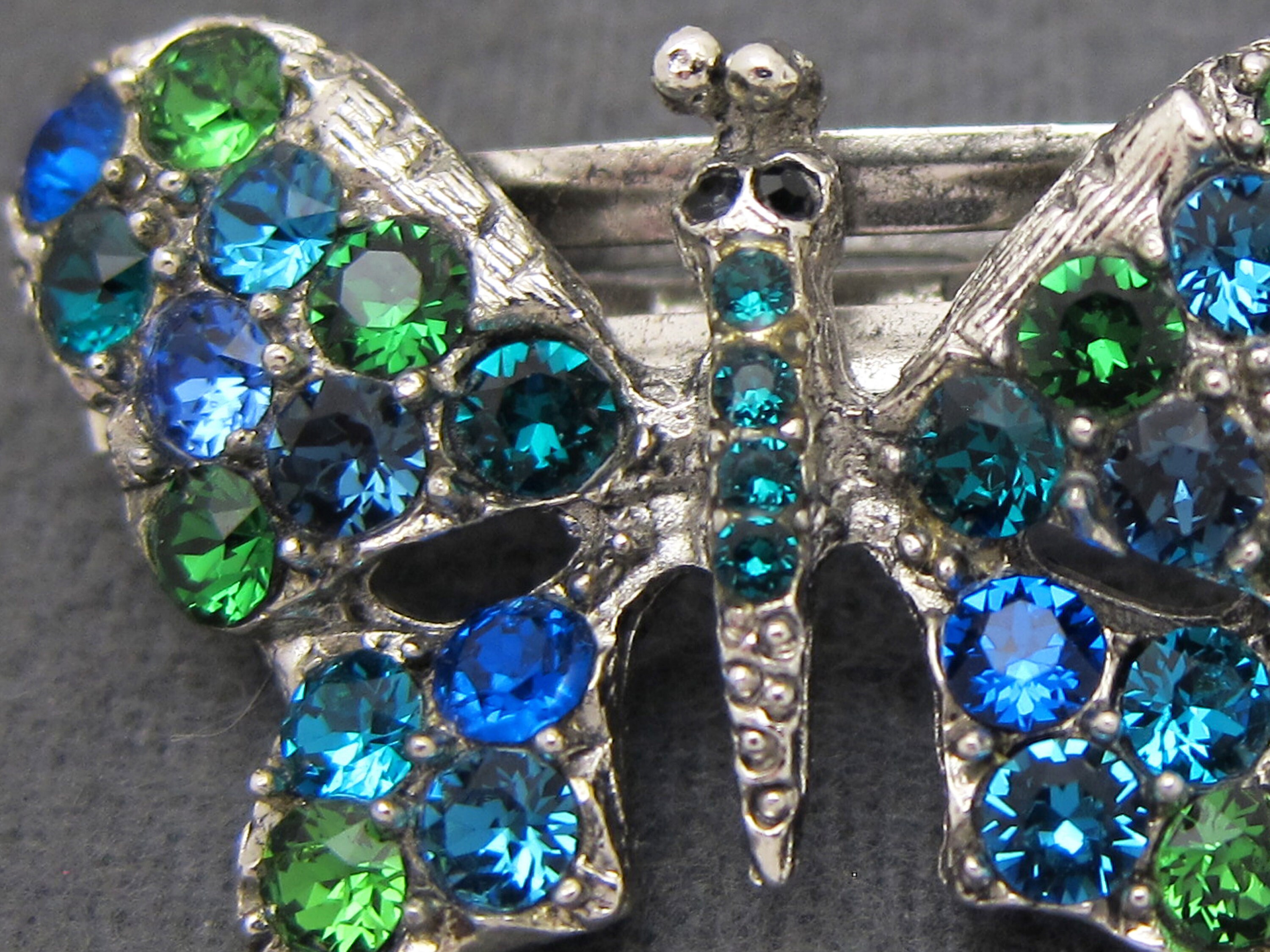 Blue & Clear Rhinestone Butterfly Barrette Silver Toned Metal Hair Clip Vintage Vintage Hair Clip Butterfly Blue Rhinestone Barrette PAIR  main image 4
