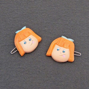 1980&#39;s vintage barrette pair, 1.1&quot; hand-painted REDHEAD GIRL hair clips, wire clasp