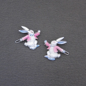 1950&#39;s TILCO vintage hair clip pair, 1.3&quot; silver plated plastic BUNNY RABBIT barrettes w/ Pink & Blue accents, wire clasp