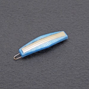 SMALL 1960's vintage barrette hair clip, 1.7" light blue ribbed plastic lozenge, gold metallic strip, new-old-stock, wire clasp