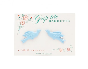 SMALL 1950&#39;s SOLO vintage girls hair clip pair, 1.4&quot; light blue plastic DOVE bird barrettes, new-old-stock, wire clasp, bird lover gift