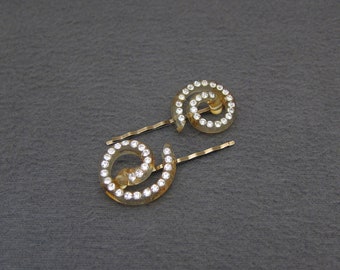 1930's vintage fancy bobby pin PAIR, 2" TRANSLUCENT celluloid spirals w/ CRYSTAL rhinestones mounted on gold tone hair pins