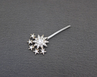 RARE 1930's GOODY vintage starburst hair pin, 2.6" silver tone STAR cluster bobby pin w/ crystal rhinestones, Art Deco jewel hair clip