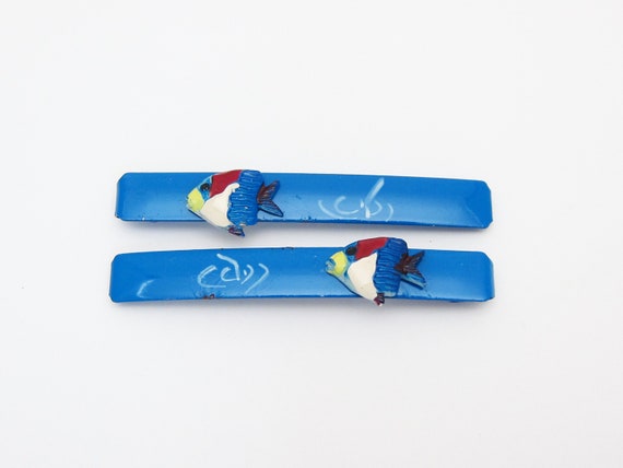 1980's vintage HAND-PAINTED hair clip pair, 2.4" … - image 3