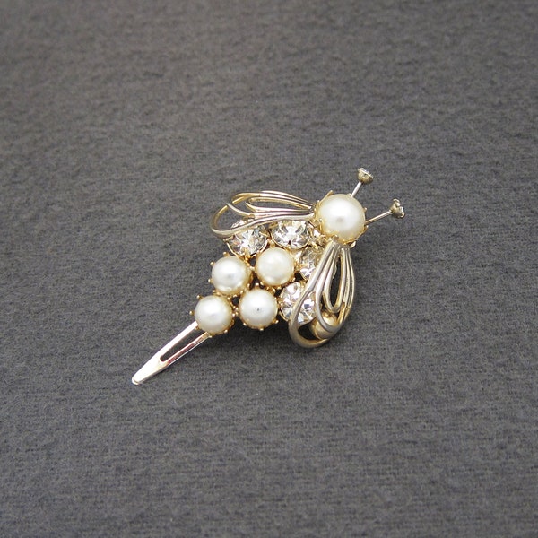 1960's vintage LADY ELLEN faux pearl hair clip, 2.1" gold-plated metal BEE, crystal rhinestone accents, small pincurl clip