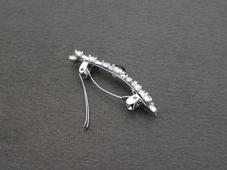 made in FRANCE automatic clasp 1960/'s vintage hair clip 2.3 silver-tone metal fancy BOW barrette w EMERALD green /& crystal rhinestones