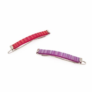 1980&#39;s vintage hair clip PAIR, 1.8&quot; striated red/purple cellulose acetate SKINNY barrettes, silver tone metal base, wire clasp