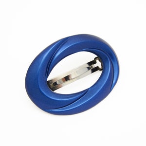 1990&#39;s vintage French hair clip, 2.7&quot; METALLIC blue plastic oval CUTOUT barrette, made in FRANCE, new-old-stock, automatic clasp