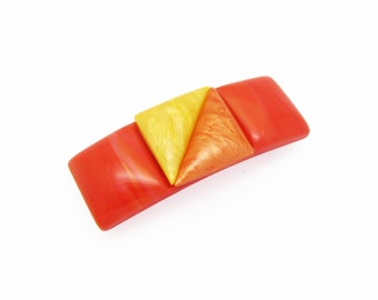 LARGE 1980's vintage barrette, 3.3" Yellow & Orange acrylic layered GEOMETRIC hair clip w/ automatic clasp, made in FRANCE, new-old-stock