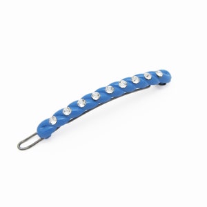 1950&#39;s TIP-TOP vintage hair clip, 2.3&quot; blue plastic skinny TWIST barrette w/ crystal rhinestones, wire clasp, new-old-stock