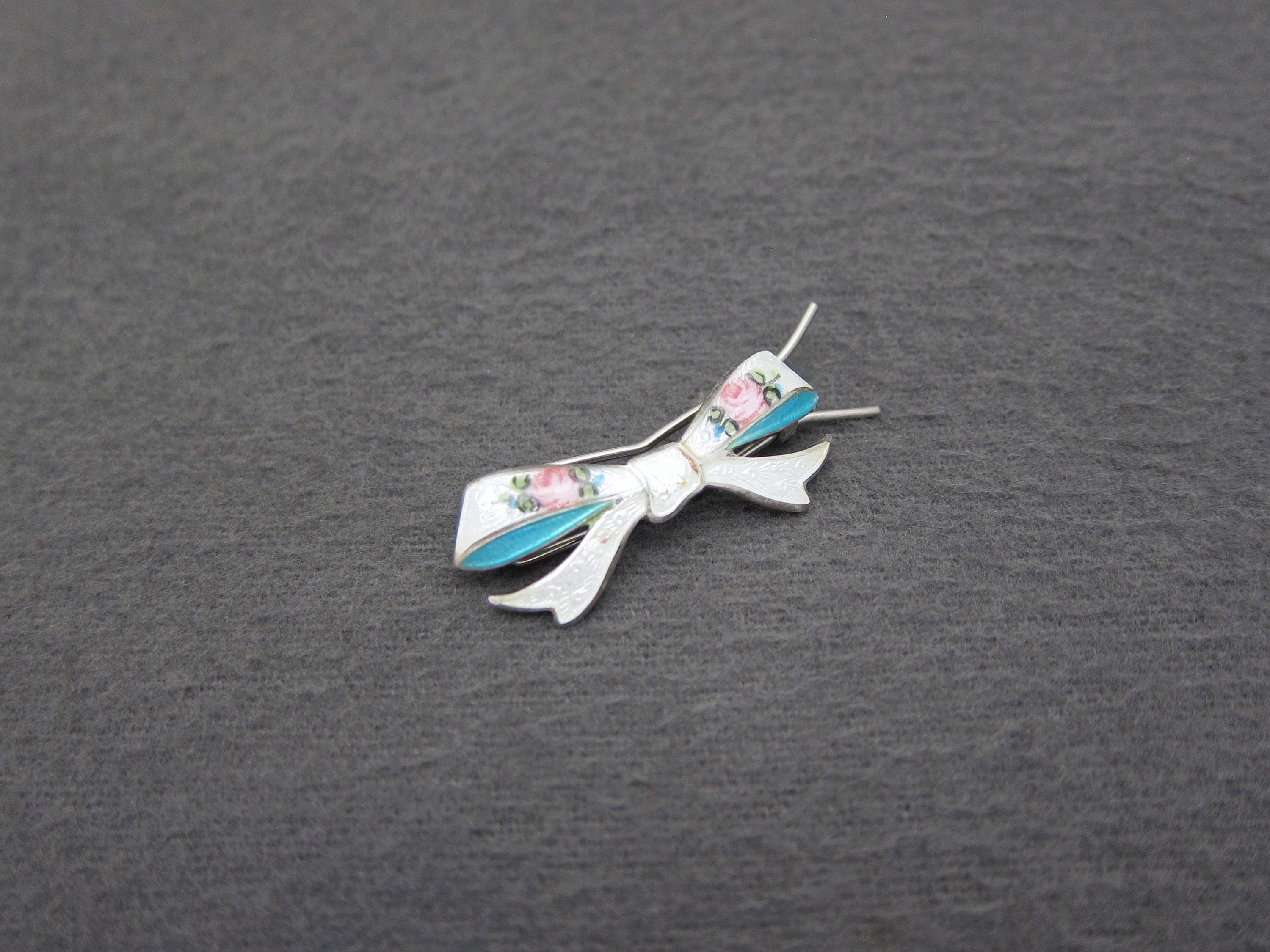TINY 1930's vintage STERLING silver GUILLOCHE barrette, 1.3" bow hair clip w/ pink roses on white enamel, pinch-wire clasp