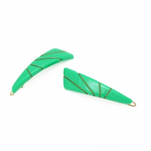 1980&#39;s vintage WIRE WRAPPED hair clip PAIR, 3.1&quot; bright green plastic geometric barrettes, wire clasp