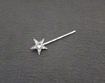 1930's vintage RHINESTONE hair pin, 2.1" silver tone STAR bobby pin w/ CRYSTAL rhinestones, antique jewel hair clip