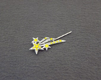 1930's vintage RHINESTONE stars hair pin, 1.9" silver tone STARBURST bobby pin w/ YELLOW opal rhinestones, antique jewel hair clip