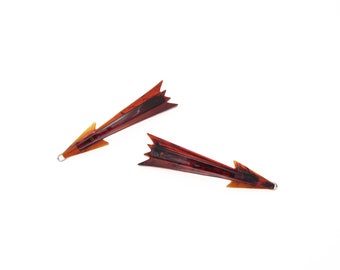 1970's vintage hair clip PAIR, 2.5" TORTOISESHELL plastic ARROW barrettes, made in France clip, new-old-stock, for fine hair, wire clasp