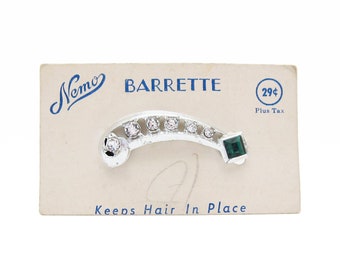 1950's NEMO vintage FANCY hair clip, 2" silver-tone metal barrette w/ emerald & crystal rhinestones, new-old-stock, pinch wire clasp