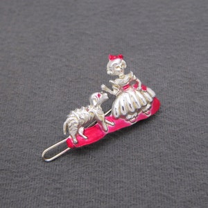 RARE vintage 1950's hair clip, Mary Had a Little Lamb, silver plastic Mother Goose nursery rhyme barrette, red accents, wire clasp