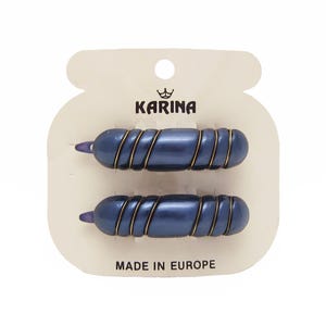 1980&#39;s KARINA vintage barrettes pair, 1.9&quot; pearly dark purple plastic WIRE WRAPPED hair clips w/nylon clasp, made in France, new-old-stock