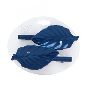 1970&#39;s vintage hair clip pair, 2.6&quot; pearly dark blue plastic LEAF barrettes w rhinestone accent, made in FRANCE, new-old-stock, self clasp