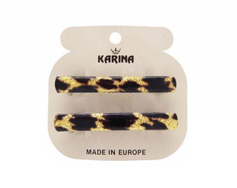 1980's KARINA vintage hair clip, 2.5" gold/deep purple glitter ANIMAL PRINT barrettes, France